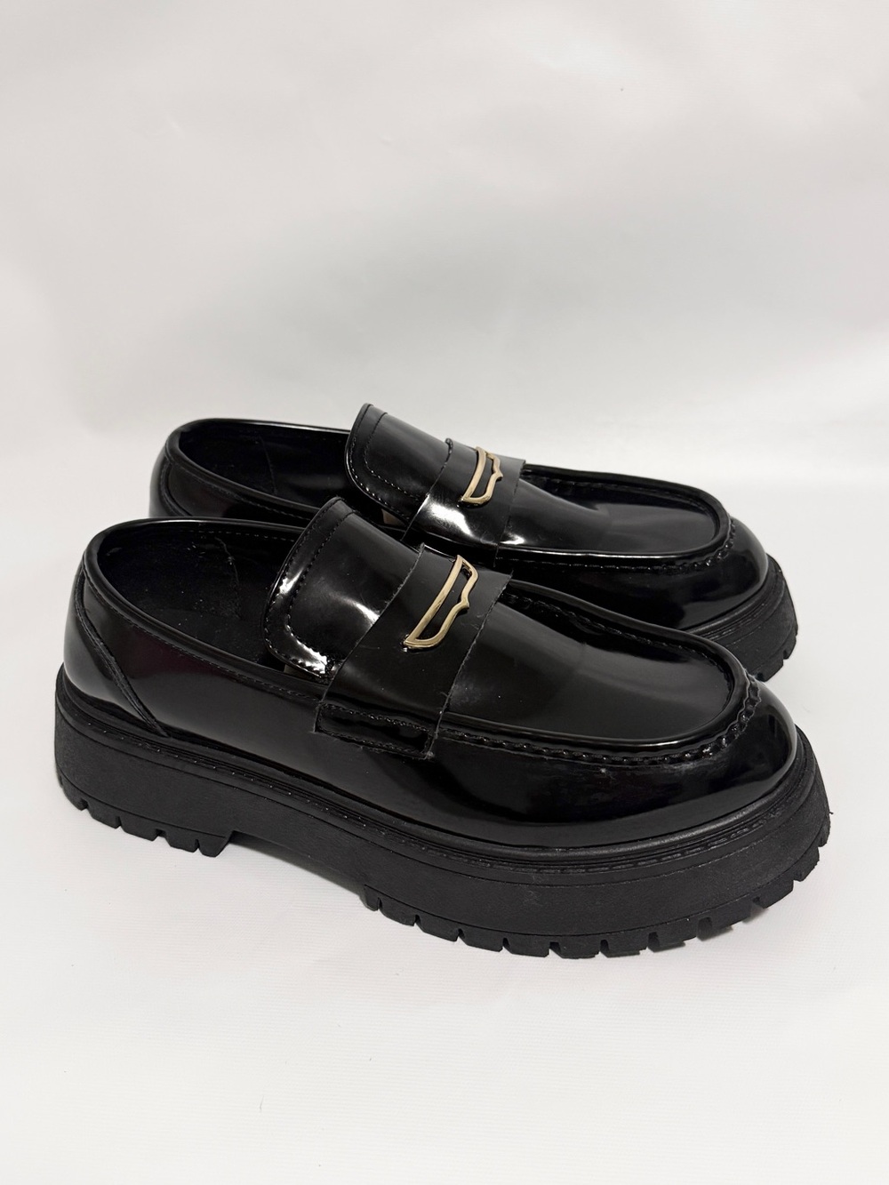 ASOS DESIGN Chunky Platform Loafers in Black Patent with Snaffle, Size 11
